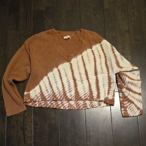 Brown and White Tie-Dye V-Neck Sweater